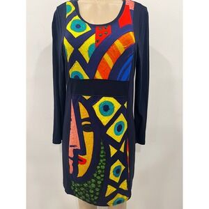 Simply Art by Dolcezza Abstract Face Knit Dress Blue Graphic Knit Size Medium